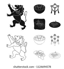 Territory on the map, brussels sprouts and other symbols of the country.Belgium set collection icons in black,outline style vector symbol stock illustration web.