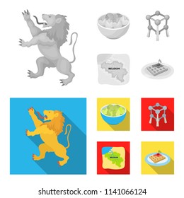 Territory on the map, brussels sprouts and other symbols of the country.Belgium set collection icons in monochrome,flat style vector symbol stock illustration web.