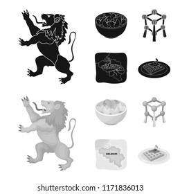 Territory on the map, brussels sprouts and other symbols of the country.Belgium set collection icons in black,monochrome style vector symbol stock illustration web.