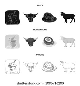 Territory on the map, bull head, cow, eggs. Scotland country set collection icons in black,monochrome,outline style vector symbol stock illustration web.
