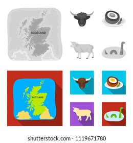 Territory on the map, bull head, cow, eggs. Scotland country set collection icons in monochrome,flat style vector symbol stock illustration web.