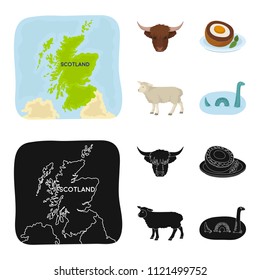 Territory on the map, bull head, cow, eggs. Scotland country set collection icons in cartoon,black style vector symbol stock illustration web.