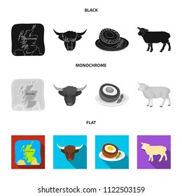 Territory on the map, bull head, cow, eggs. Scotland country set collection icons in black, flat, monochrome style vector symbol stock illustration web.