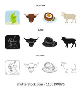 Territory on the map, bull head, cow, eggs. Scotland country set collection icons in cartoon,black,outline style vector symbol stock illustration web.