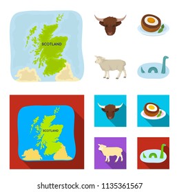 Territory on the map, bull head, cow, eggs. Scotland country set collection icons in cartoon,flat style vector symbol stock illustration web.
