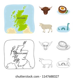 Territory on the map, bull head, cow, eggs. Scotland country set collection icons in cartoon,outline style vector symbol stock illustration web.