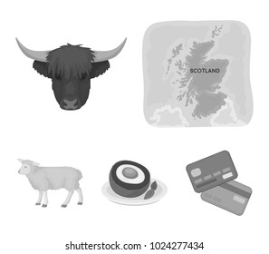Territory on the map, bull's head, cow, eggs. Scotland country set collection icons in monochrome style vector symbol stock illustration web.