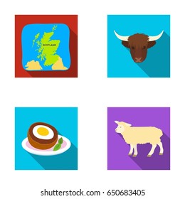 Territory on the map, bull's head, cow, eggs. Scotland country set collection icons in flat style vector symbol stock illustration web.