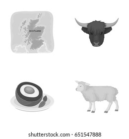 Territory on the map, bull's head, cow, eggs. Scotland country set collection icons in monochrome style vector symbol stock illustration web.