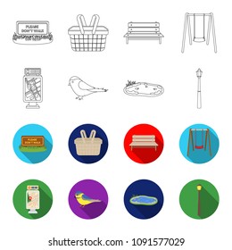 Territory plan, bird, lake, lighting pole. Park set collection icons in outline,flat style vector symbol stock illustration web.