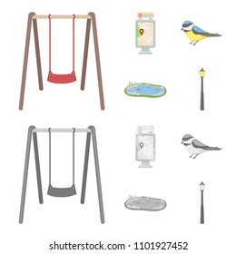 Territory plan, bird, lake, lighting pole. Park set collection icons in cartoon,monochrome style vector symbol stock illustration web.