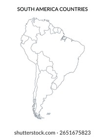 Territory of South America countries in line art style isolated on white background. Vector outline clipart.