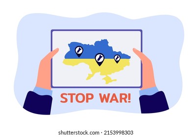 Territory of Ukraine on map with missile signs. Placard with phrase stop war in human hands flat vector illustration. Map of military operations. Battle, fight, conflict concept