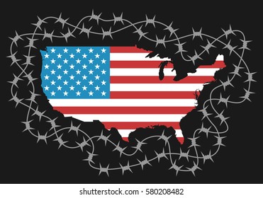 Territory of USA as protected area by barbed wire - american policy of isolationism, ban to enter and protection of borders. Vector illustration with map and flag of USA 