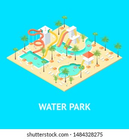 Territory of Water Park Concept 3d Isometric View for Amusement and Active Leisure On a Blue. Vector illustration of Outdoor Aquapark Project