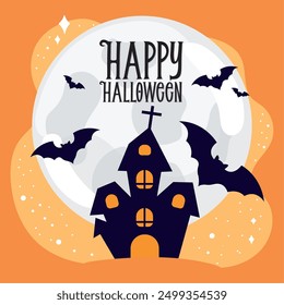 Terror castle Happy Halloween poster Vector illustration