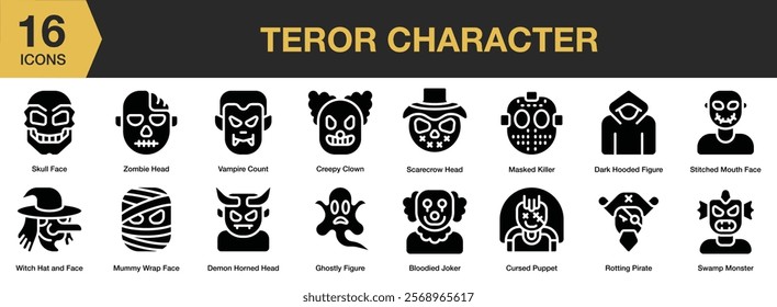 Terror Character solid icon set. Includes character, horror, terror, halloween, scary, evil, and More. Solid icons vector collection.