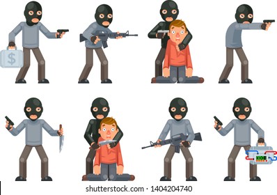 Terror Danger Risk Soldier Hostage Threat Villain Terrorist Weapon Attack Criminal Character Flat Cartoon Design Isolated Set Vector Illustration