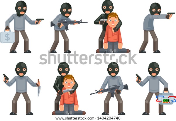 テロの危険な兵士人質脅しの悪役テロ攻撃犯人キャラクターの平面漫画デザインセットベクターイラスト のベクター画像素材 ロイヤリティフリー