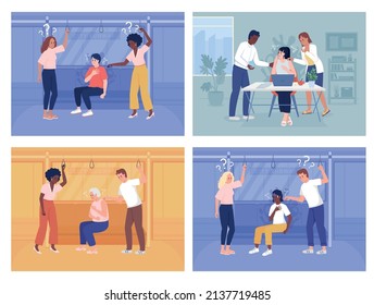 Terror episode on public transport flat color vector illustration set. Sudden and intense feeling of fear. Panic attack 2D simple cartoon characters collection with transport passengers on background