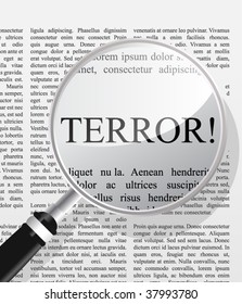 Terror, newspaper headline seen through magnifier glass