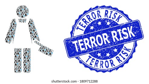 Terror Risk grunge round seal imitation and vector fractal mosaic butcher person. Blue seal has Terror Risk title inside round shape. Vector mosaic is designed with repeating butcher person items.
