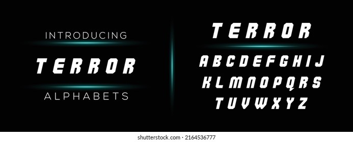 TERROR, Sports Minimal Tech Font Letter Set. Luxury Vector Typeface For Company. Modern Gaming Fonts Logo Design.