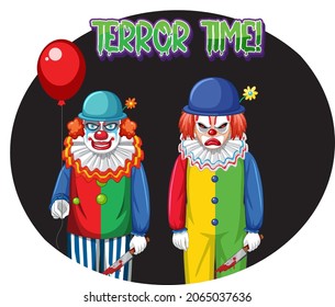 Terror Time badge with two creepy clowns illustration