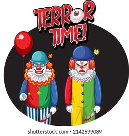 Terror Time badge with two creepy clowns illustration