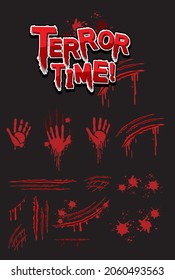 Terror Time text design with bloody hand prints illustration