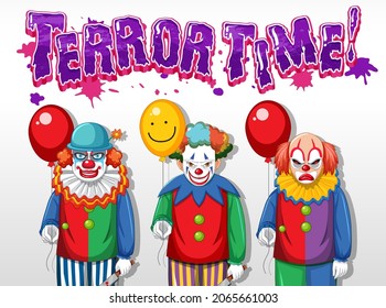 Terror Time text design with creepy clowns illustration