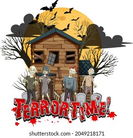 Terror Time text design with Haunted House illustration