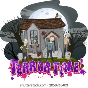 Terror Time text design with Haunted House illustration