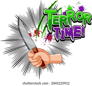 Terror time text design with knife in a hand illustration