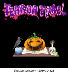 Terror time text design with pumpkin halloween illustration