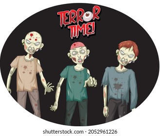 Terror Time text design with three creepy zombies illustration