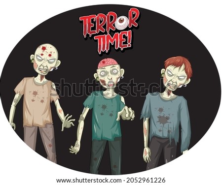 Terror Time text design with three creepy zombies illustration