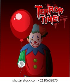 Terror Time Text-Logo mit grauem Clown, der Ballongrafik hält