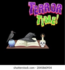 Logotipo de palabra tiempo de terror con ilustración de objetos brujos
