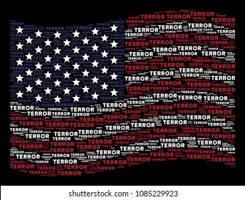 Terror word items are arranged into waving United States flag stylization on a dark background. Vector collage of USA state flag is designed of terror word elements.