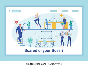 Terror in Workplace. Whole Company Shaking in Its Boots Because Hysterical Chief. Despotic Boss Making Office Life Unbearable. Employees Searching for Place to Hide from Tyrant. Landing Page Template.