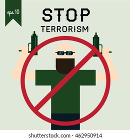 Terrorism Armed Terrorist Black Mask Hold Weapon Machine Gun Vector Illustration. Stop terrorism poster