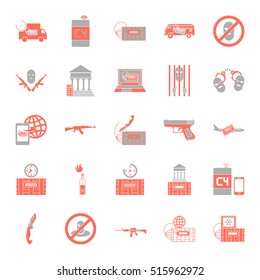 Terrorism and bomb flat 25 icon set on background