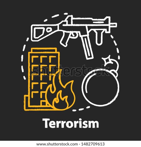 Terrorism chalk concept icon. Gun violence idea. War & terror. Terrorist military attack, explosion. Extremism. Rifle and bomb. Vector isolated chalkboard illustration