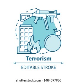 Terrorism Concept Icon. Gun Violence Idea Thin Line Illustration. War And Terror. Terrorist Military Attack, Explosion. Extremism. Rifle And Bomb. Vector Isolated Outline Drawing. Editable Stroke