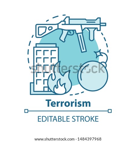 Terrorism concept icon. Gun violence idea thin line illustration. War and terror. Terrorist military attack, explosion. Extremism. Rifle and bomb. Vector isolated outline drawing. Editable stroke