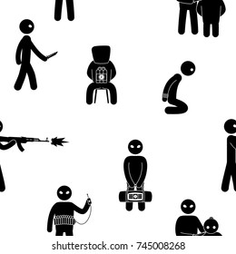 Terrorism concept. Set of terrorist people. Terror world threat. Seamless background. Vector illustration