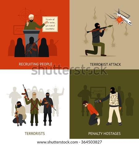 Terrorism design concept set with recruiting terrorists and hostages penalty flat icons isolated vector illustration