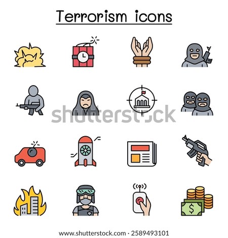 Terrorism icon set color line style