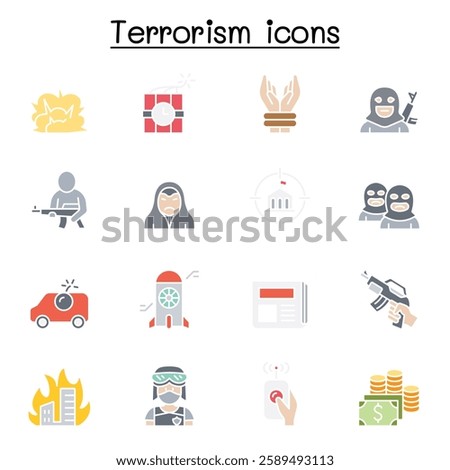Terrorism icon set in flat color style